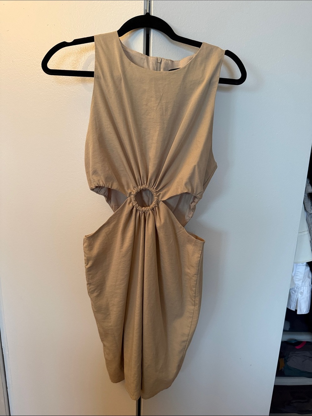 Sleeveless Beige Mini Dress with Center Ring Cutout